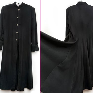 1980s Mens International Male Duster Coat, Matrix Versace style Vintage Flared Back Pirate Monk Long Black Overcoat Jacket Suit LARGE 
