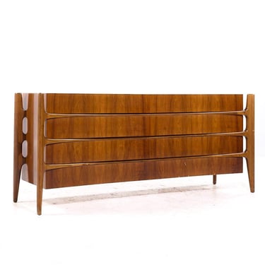 William Hinn Mid Century Walnut Curved Front Lowboy Dresser - mcm 
