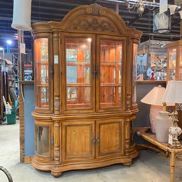 Ornately Carved China Cabinet with Glass Display Shelves and Lighting