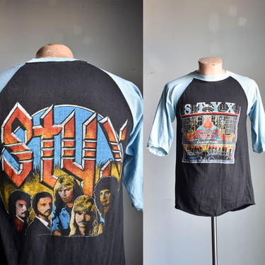 Vintage 1980s Styx Double Sided Baseball Tee / Vintage 1980s Styx Tshirt / Vintage Double Sided Styx Raglan Shirt 