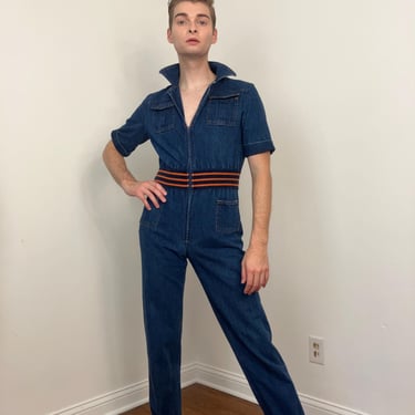 70s H.I.S. denim jumpsuit with striped waistband 