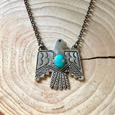 THUNDERBIRD Native Sterling Silver & Turquoise Necklace Pendant, Silver Chain Link | Native American Navajo Style Southwestern Jewelry | 18g 