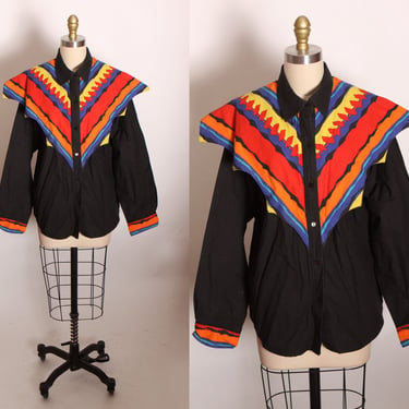 1980s Black, Red, Orange, Yellow and Blue Rainbow Southwestern Cowgirl Long Sleeve Western Blouse by Thomas Louis Habeeb South Cross -XL 