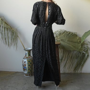 2728d / silk black bead sequin floor length dress / dolman slv open back dress / US 8 