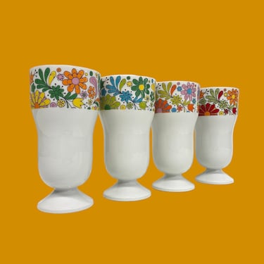 Vintage Drinking Glasses Retro 1960s Mid Century Modern + White Porcelain + Flower Print + Set of 4 + Parfait or Dessert + Made in Japan 