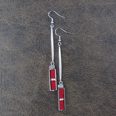 Simple red and silver long silver earrings 