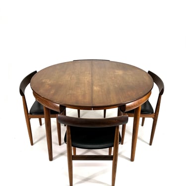 Hans Olsen Teak Extending Dining Table &amp; Tripod Leather Dining Chairs, 1960s