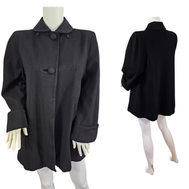 1950's Black Wool Gabardine Swing Coat I Sz Med I Rockabilly 