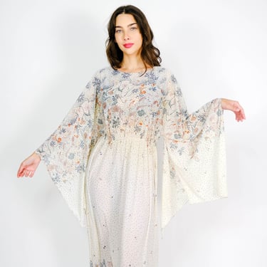 Vintage 70s Fairy Sleeve Earthtone Bohemian Polkadot Floral Maxi Dress | Wedding, Hippie, Festival | 1970s Designer Angel Sleeve Boho Dress 