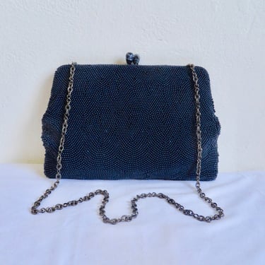 1960's Navy Blue Glass Beaded Large Purse Pewter Chain Shoulder Strap 60's Handbags Walborg Made in Japan 