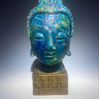 Vintage 1960s- Aldo Londi Bitossi Buddha Sculpture-Ceramic Blue Gold, Rosenthal Netter, Numbers 52/12 Italy 