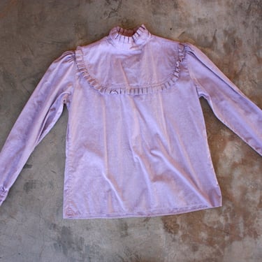 70s Lavender Cotton Blouse with High Neck Ruffle Collar Cottagecore Victorian Size M 