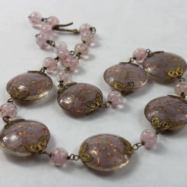 Vintage Murano Sommerso Venetian Pink Art Glass Coin Disc Beaded Necklace 