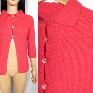 Vintage 60s Mod Bright Neon Hot Pink Half Button Soft Knit Cardigan Size XXS 