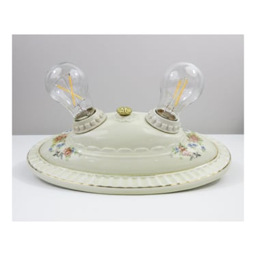 Refurbished Antique Porcelier Dual Light Flush Mount Ceiling Fixture - Delicate Flowers - 1930's Depression Era 