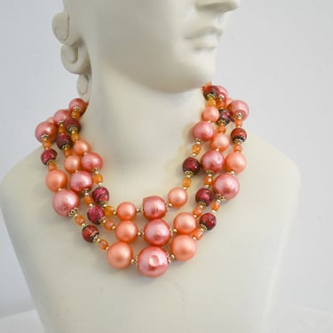1950s/60s Orange-Peach and Pink Faux Pearl and Bead Three Strand Necklace 