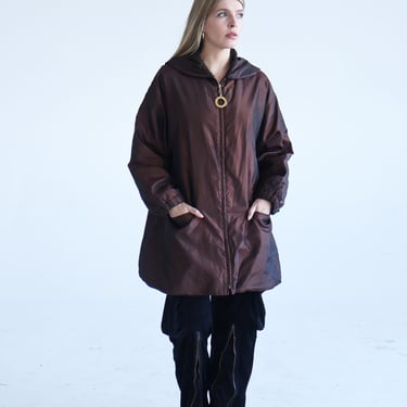 Vintage CELINE Brown Iridescent Long Puffer Coat with Gold Ring Zipper and Brown Shearling Lining Overcoat FR 40 Y2K Minimal 