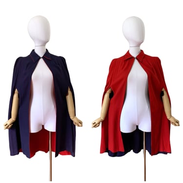 40s REVERSIBLE Red & Navy Blue Cotton Linen Cape / 1940s Vintage Cover Up Coat Jacket / One Size Fits Most 