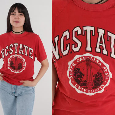 90s NC State T-Shirt 90s North Carolina State University Shirt College Tee Retro Single Stitch Distressed Vintage Red 1990s Small S 