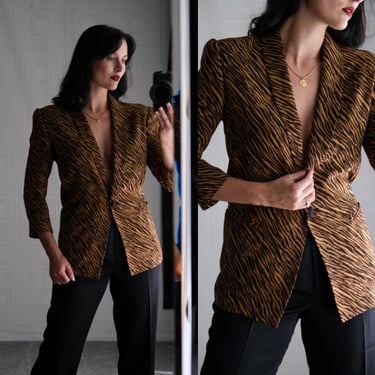 Vintage 90 Dana Buchman Tiger Stripe Silk Shawl Collar Blazer w/ Black Rope Buttons | 100% Silk | 1990s Designer Animal Print Silk Jacket 