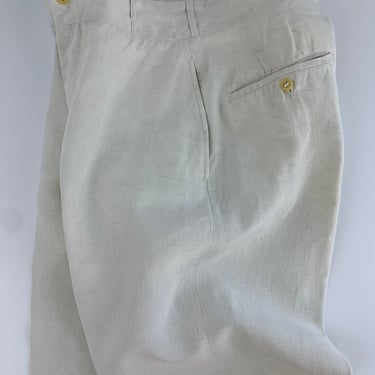 1920's-30's LINEN Trousers - Flat Front Panel - Natural  White Linen - Button Fly - Cuffed - Concealed Watch Pocket - 29 Inch Waist 