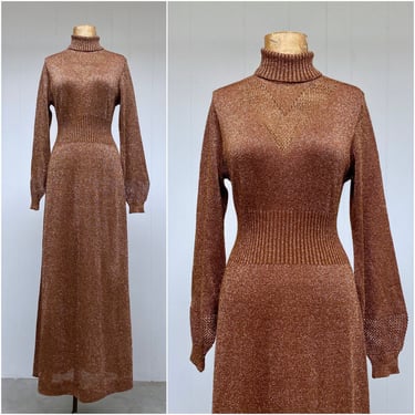 Vintage 1960s/1970s Copper Lurex Maxi Dress, Metallic Pointelle Knit Body Con Gown, Small to Medium 