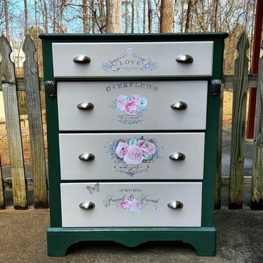 Green hand painted chest of drawers with transfers