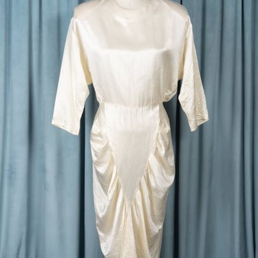 1980s Ivory Crinkle Satin Ruched Drape Party Dress by Dawn Joy Fashions (M/L) 