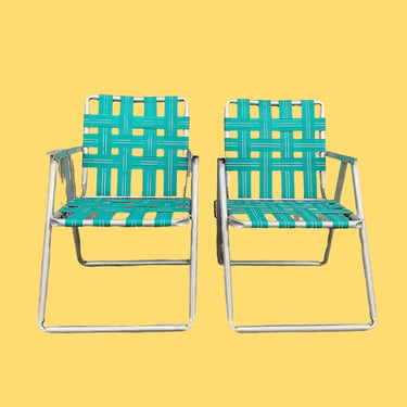 Vintage Lawn Chair Set Retro 1960s Mid Century Modern + Silver Aluminum Frames + Green Webbing + Set of 2 + Fold Up + Outdoor Seating + MCM 
