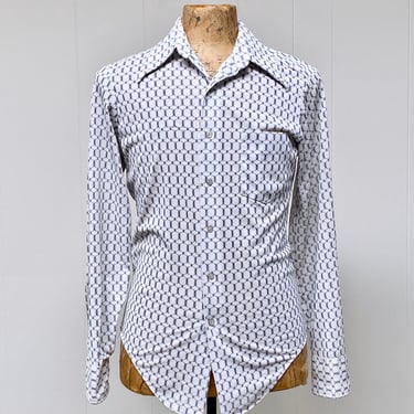 Vintage 1960s Men's Semi-Sheer Dress Shirt, 60s White and Blue Polyester Long Sleeve Shirt, Medium 40