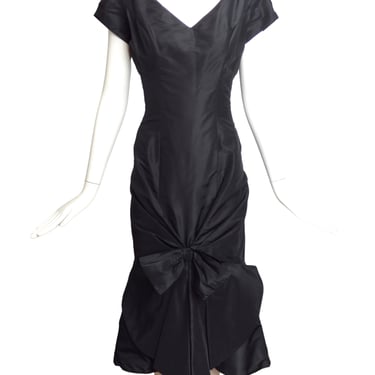 ROBERT MORTON-1950s Black Silk Bow Cocktail Dress, Size 6