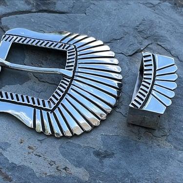 T Manuelito ~ Navajo Vintage Sterling Silver Ranger Belt Buckle with Keeper 