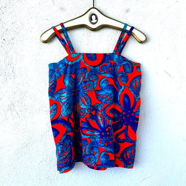 Vintage 70s Bright Hawaiian Barkcloth Tank Top // 1960s 1970s Psychedelic Red Blue Hawaii Shirt 