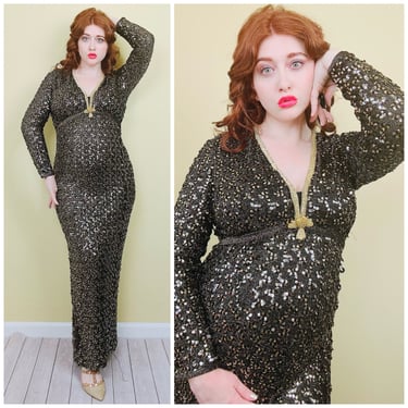 1970s Vintage Miss Elliette Poly Knit Stretch Sequin Gown / 70s Black and Gold Sequined Disco Maxi Dress / Size Large 