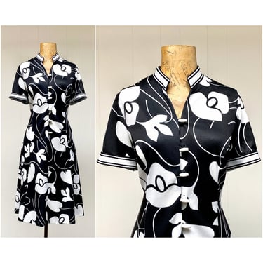 Vintage 1960s 1970s Graphic Floral Print Day Dress, 60s 70s Black & White Polyester A Line Dress, Short Sleeves w/ Princess Seams, 36" Bust 