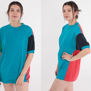 Color Block Shirt 90s T-Shirt Blue Black Red Green Multicolor Top Short Sleeve Tee Casual Blouse Retro Streetwear TShirt Vintage 1990s Small 