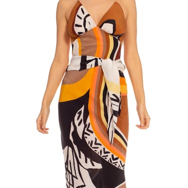 MORPHEW COLLECTION Brown & Orange Silk Twill Sagittarius Scarf Dress Made From Vintage Scarves 