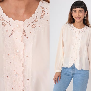 90s Pink Cutout Lace Blouse Floral Embroidered Button up Top Cutwork Shirt Cut Out Long Sleeve Hippie Bohemian Vintage 1990s Large L 