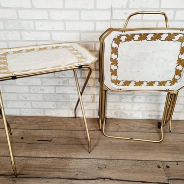 Set of 3 Cal Dak White and Gold TV Trays with Storage Rack 