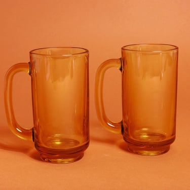 Set of 2 70s Dark Amber Chunky Cups with Handles Vintage Orange Clear Glasses Mugs 