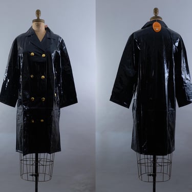 Vintage 60s Black Vinyl Raincoat by Betmar – Double Breasted – Gold Buttons – Glossy Mod Trench Coat – Made in Hong Kong – Size M - Unworn 