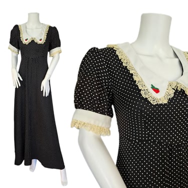 1970's Black White Polka Dot Print Maxi Dress I Sz Med I Tie Back Waist I Beagle Collar 