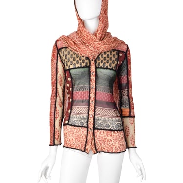 Jean Paul Gaultier Vintage AW 2000 Multicolor Patchwork Mixed Print Mesh and Wool Cardigan with Attached Scarf