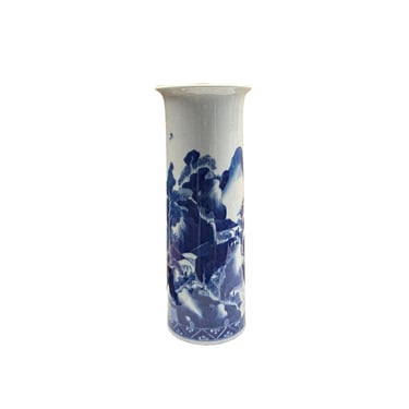 Blue White Oriental Scenery Graphic Cylinder Shape Porcelain Art Vase ws4817E 