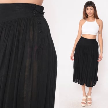 Black Rayon Skirt 80s 90s Asymmetrical Yoke Waist Midi Skirt Crinkled Gauze Gathered High Waisted Retro Plain Vintage 1990s Small xs s 