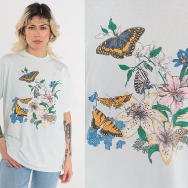 Floral Butterfly Shirt 90s Flower T-Shirt Lilly Graphic Tee Retro Hippie Gardening TShirt Garden Screen Print Top Mint 1990s Vintage Large L 