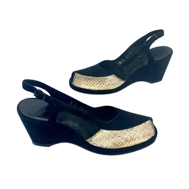 Vintage 1940s Black Faux Suede Peep Toe Slingback Sandals, WW2 Wedge Heels with Imitation Snakeskin Trim, Deadstock, US Size 7.5 Narrow, VFG 