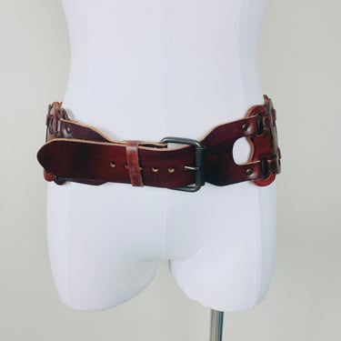 1980s Vintage Leather Bordeaux Brown Dramatic Braided Statement Belt / Medium - Large 