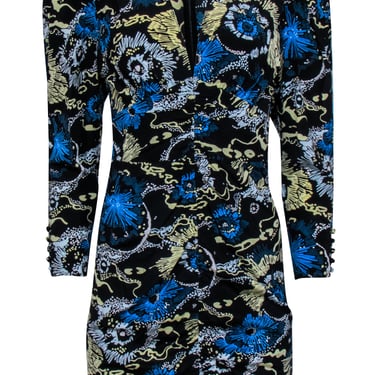 A.L.C. - Black 2/Blue &amp; Yellow Floral Print V-Neckline Dress Sz 4
