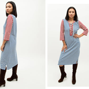 Vintage 1980s 80s Nautical Lace Up Corset Striped Midi Shirt Dress // Shift Style, Plus Size 